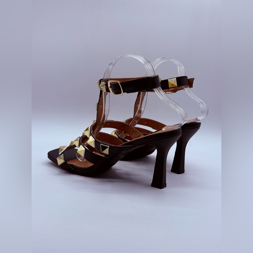 Nicole Miller NY Gold Studded Black Heeled Sandals – Ankle Strap Fashion Heels - Picture 7 of 16
